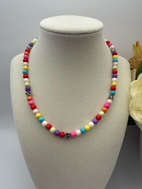 New Artisan Multicolor Beaded Necklace with Silver Flower Accents 16"